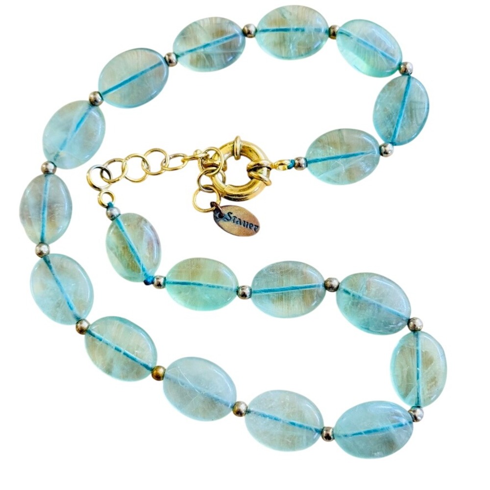 Stauer Signed Necklace Blue Aquamarine Beads Stone Statement Italy Collar 20"‎